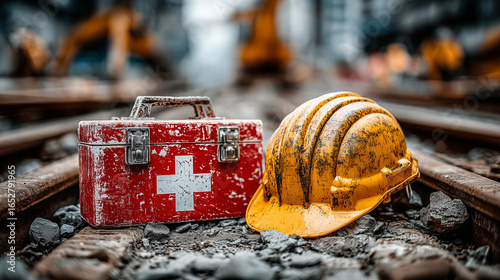 Well organized construction site with prominently placed safety helmet and first aid box representing preparedness and compliance with occupational health standards in the industrial workplace