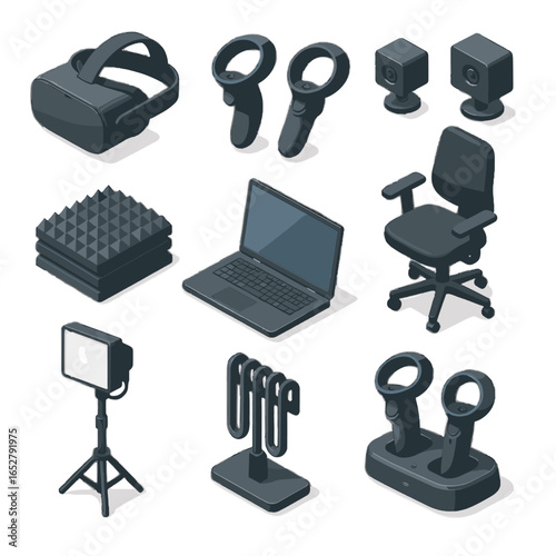 Icon setup vr vector gaming laptop walls essentials lighting cameras chair studio