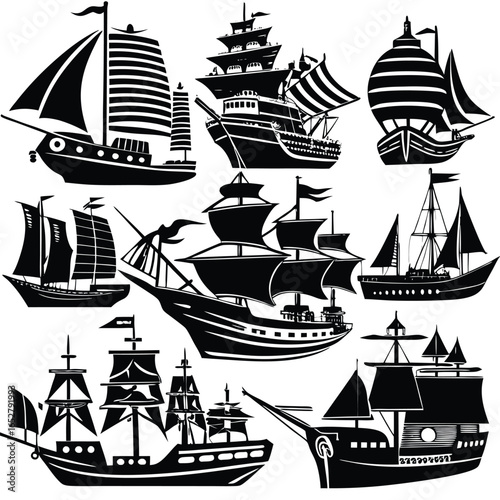 Collection of Classic Ship Silhouettes:  A Nautical Design Resource