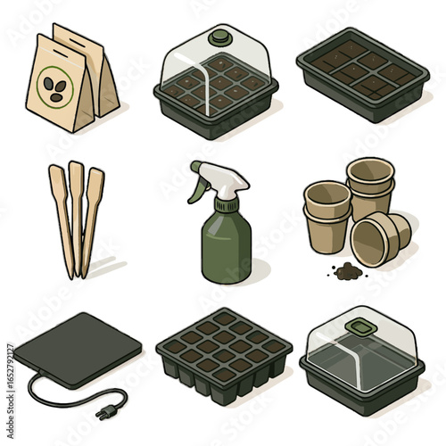 Seed vector mat icon dome spray germination starting soil tray packets