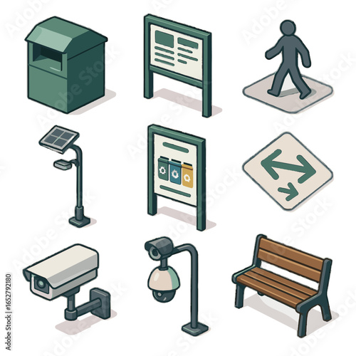 Security isometric icons pedestrian icon recycling cam lighting seating vector poster board