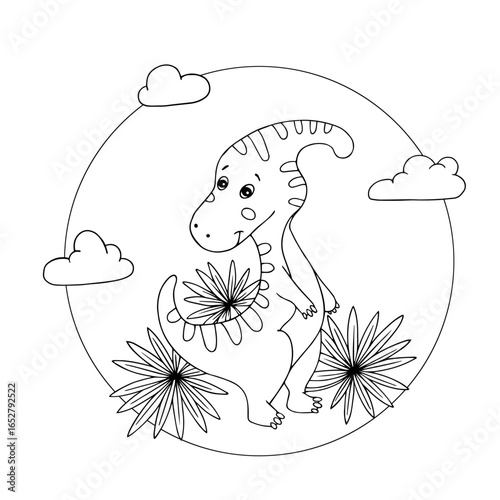 Sketch, children's coloring of a small dinosaur among tropical leaves, clouds. Vector graphics.