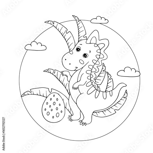 Sketch, children's coloring of a small dinosaur among tropical leaves, clouds. Vector graphics.