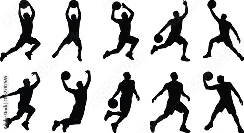 Dynamic basketball player silhouettes in action poses