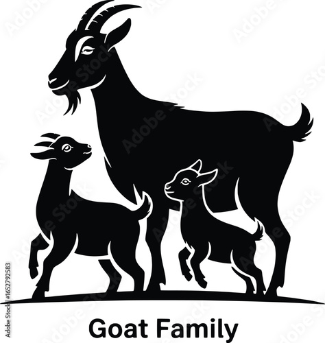 Black silhouette of a goat family with two young goats