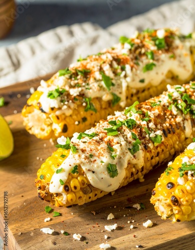 Grilled corn on the cob, topped with creamy sauce, cilantro, and spices