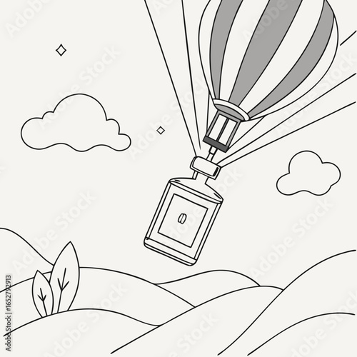 A whimsical hot air balloon with a perfume bottle gondola in a clean line art style.