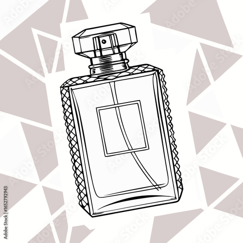 Black and white line art of a rectangular perfume bottle with textured sides and a faceted cap.
