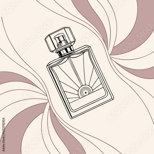 Elegant Art Deco style perfume bottle illustration with a geometric sunburst pattern.