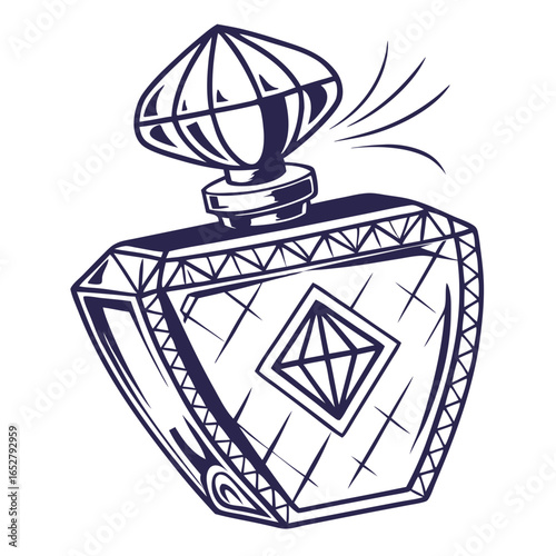 Elegant faceted perfume bottle with a diamond emblem depicted in a spraying motion.