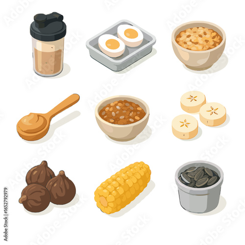 Energy boiled banana protein isometric icon bites tray shake flaxseed bowl snack