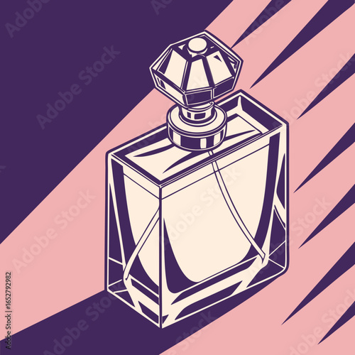 Elegant glass perfume bottle with a faceted gemlike stopper depicted in a bold graphic illustration style.