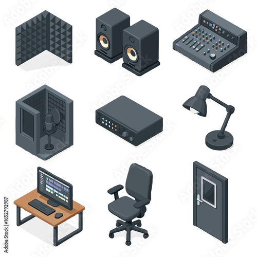 Editing mixing studio panels foam monitor icon unit vector chair sound icons