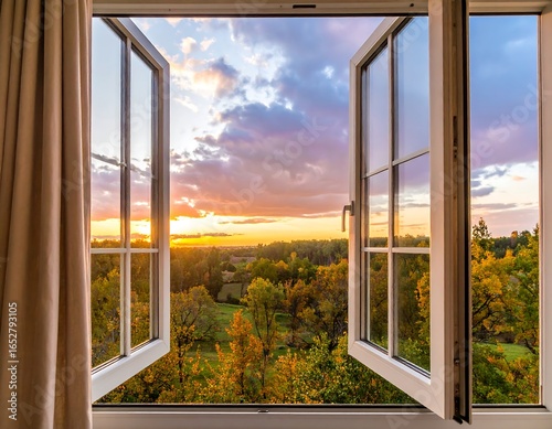 Scenic sunset view through open window offering a tranquil escape to nature's beauty