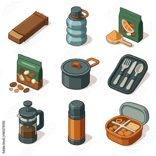Vector pot essentials bag mix hiking icons container icon bar bottle collapsible