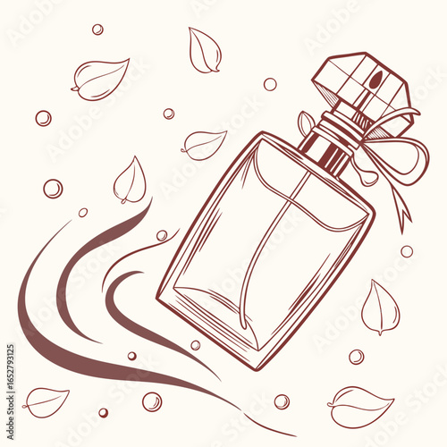 Elegant line art illustration of a perfume bottle with a faceted cap ribbon and scent swirls.