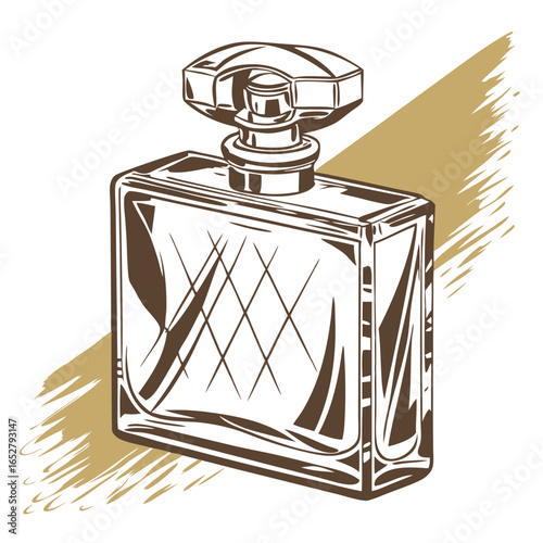 Elegant line art illustration of a rectangular glass perfume bottle with a faceted cap and diamond pattern.