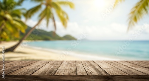 Fototapeta Naklejka Na Ścianę i Meble -  Empty wooden table top with a beautiful blurred tropical beach background for product display.