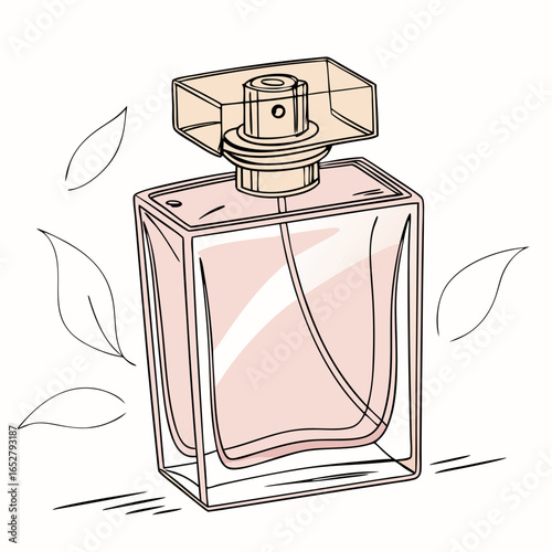 Elegant line art illustration of a rectangular glass perfume bottle with pink fragrance and a peach cap.