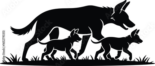 Silhouette of a mother wolf with two cubs walking in grass