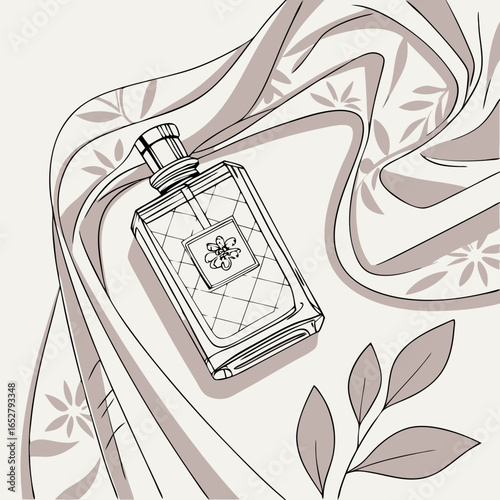 Elegant line art illustration of a vintage perfume bottle with a floral label resting on a patterned fabric.