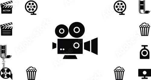 Collection of black film and cinema icons arranged around a central vintage camera