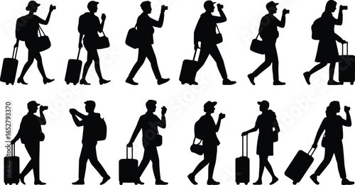 Silhouettes of diverse travelers with luggage and cameras on white background
