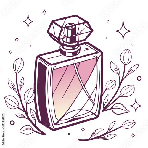 Elegant perfume bottle illustration with a faceted gem cap twotone liquid and delicate floral branches.