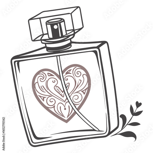 Elegant perfume bottle line art with an ornate swirling heart design and bird motif.
