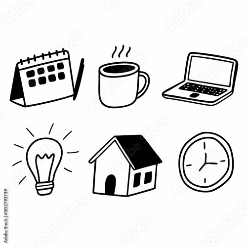 Black and white illustration of office and home related items, isolated on white background, featuring calendar, coffee, laptop, light, house, clock