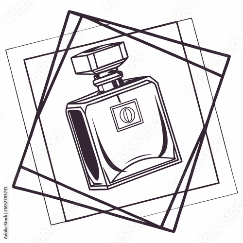 Elegant square perfume bottle with a faceted cap a minimalist line art illustration.