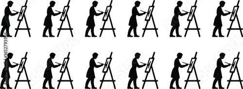 Silhouette of an artist painting on an easel in a repeating pattern