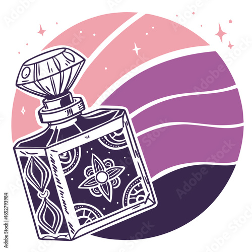 Ornate purple perfume bottle with intricate white line art and a faceted crystal stopper.