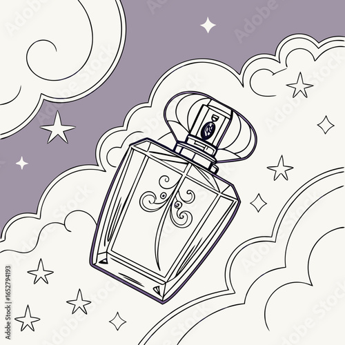 Stylized line art of an ornate faceted perfume bottle with elegant swirl decorations.