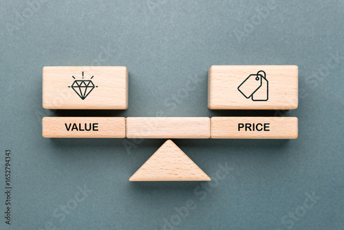 Wooden blocks on balance scale showing value and price icons, concept of cost, worth, business decision, financial strategy, customer perception