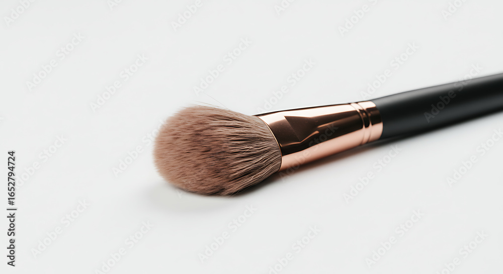 Close-up Shot of a Soft Makeup Brush with a Black Handle and Bronze Ferrule on White Background Close-up Shot of a Soft Makeup Brush with a Black Handle and Bronze Ferrule on White Background