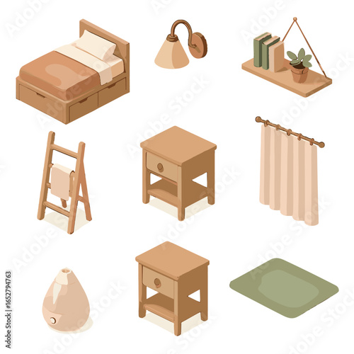 Shelf ladder bedside icons platform humidifier small cozy vector bedroom raised curtain