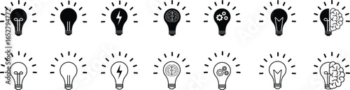 Light bulb idea icon set, creativity and innovation symbol collection with brain, gear and power sign group in flat black solid and line outline style vector illustration for business and education