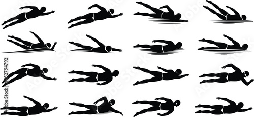 Collection of diverse swimmer silhouettes in various dynamic poses and styles