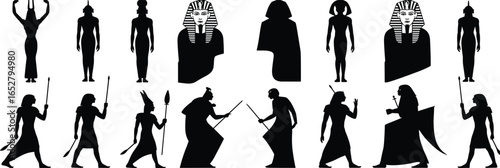 Ancient Egyptian silhouettes vector, pharaohs, gods, warriors, mythology, traditional costumes, historical figures, Egyptian culture, black and white, vector illustration.
