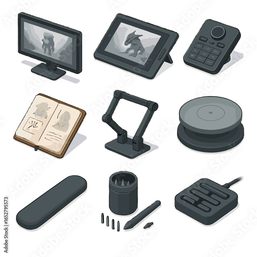 Control art cable case wide sketch desk vector icon monitor turntable d