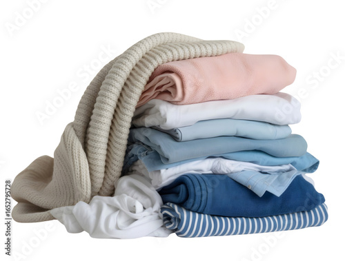 A pile  of clean folded laundry clothes, clean laundry 