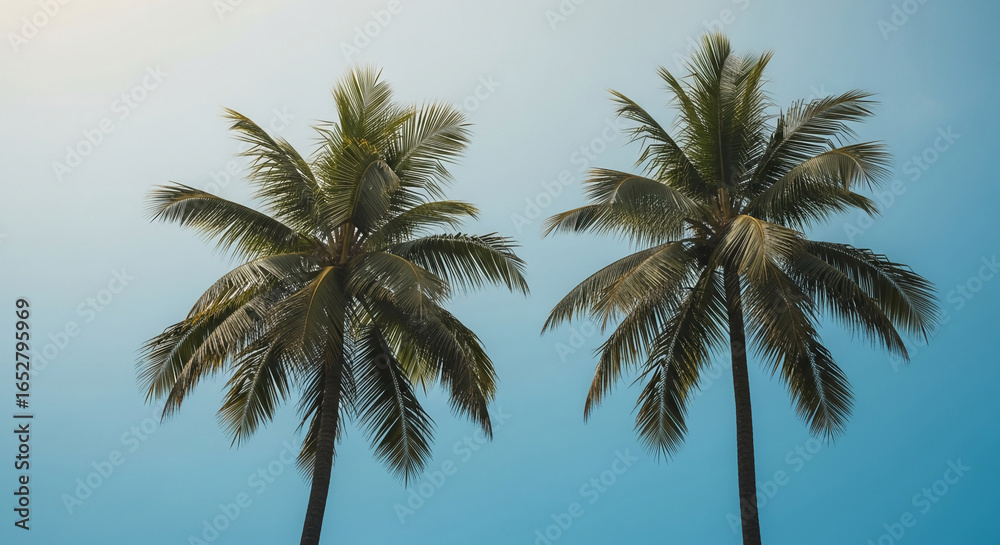 Fototapeta premium Two tall palm trees against a clear blue sky, showcasing tropical serenity and vacation vibes, ideal for travel or summer concepts