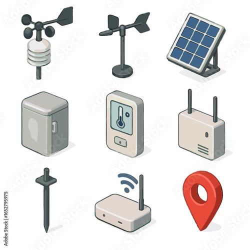 Temperature vector interface unit location weather remote ground station pole icon panel