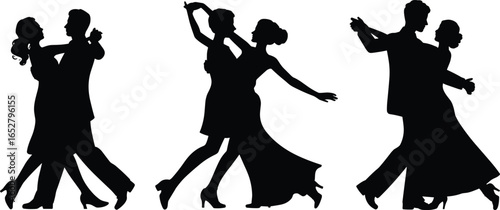 Ballroom dancing couple silhouette vector, romantic dance pose, tango waltz dancer figures, black and white dance illustration