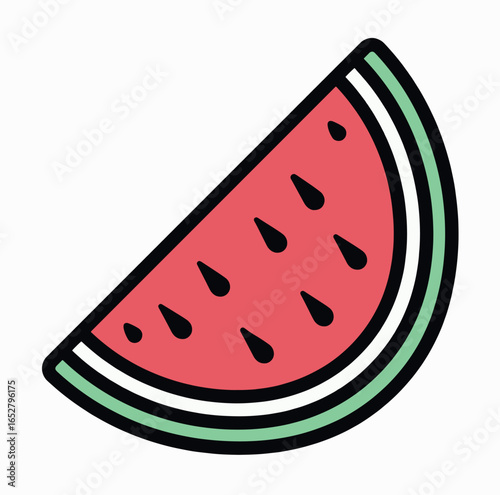 Vector illustration of a watermelon slice with bright red pulp, black seeds, and green rind outlined in bold lines. Simple flat style design ideal for icons, stickers, summer themes, food graphics.
