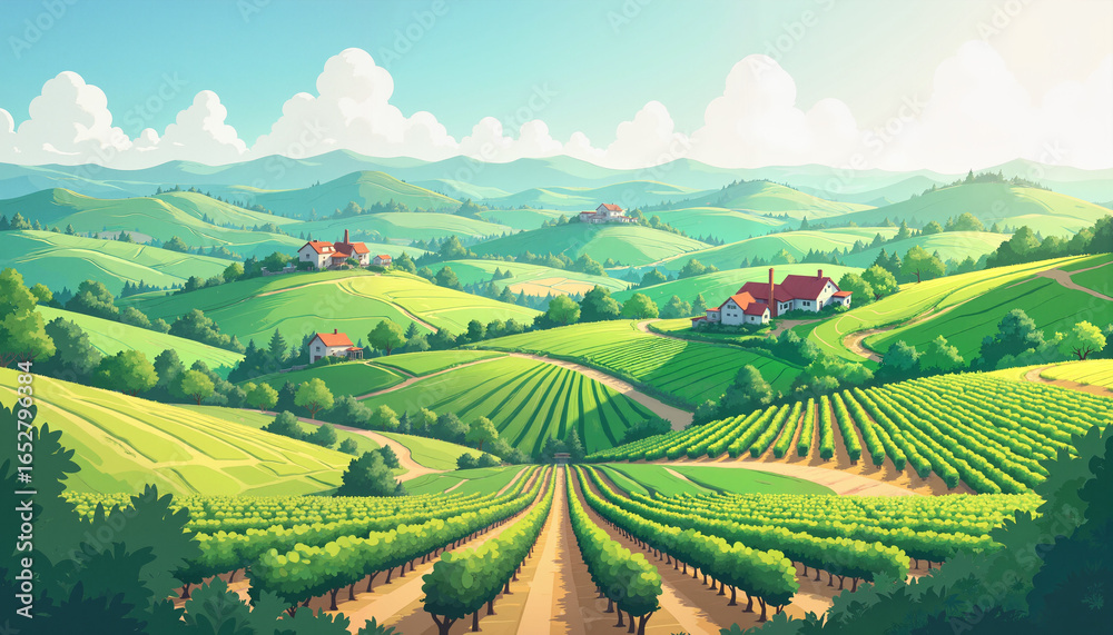 Fototapeta premium Vibrant vineyard landscape with rolling hills and sunny sky