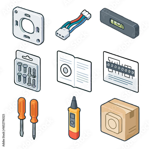 Screwdriver toolkit vector icons screws set diagram instruction box setup thermostat bubble