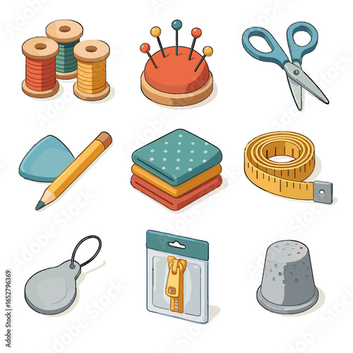 Threader tape needle sewing set thimble icons vector pack essentials zipper pin