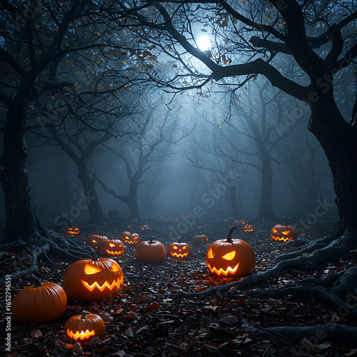 Glowing jack-o'-lanterns illuminate a spooky forest floor at night, with bare trees silhouetted against a misty, moonlit background.